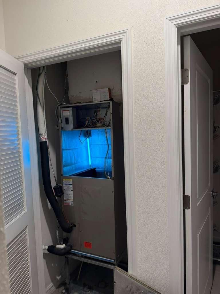 Air handler cabinet interior after cleaning, the blower housing and coil clear