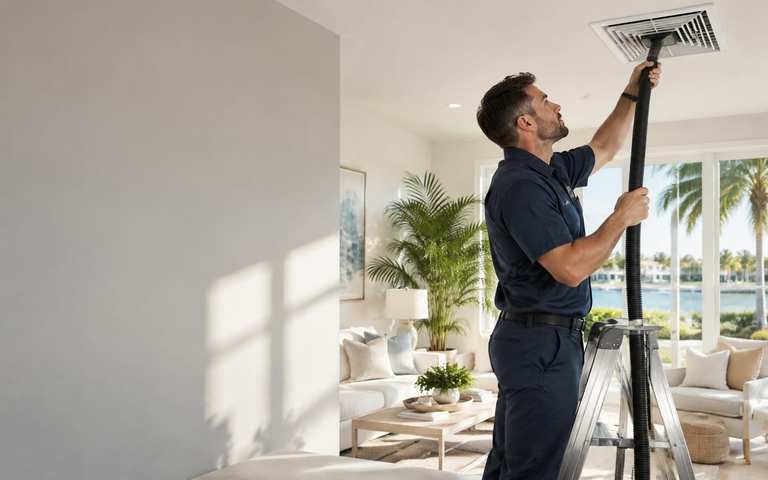 A technician on a stepladder cleans a ceiling supply register in a bright living room, palm trees and water visible through the window behind him.