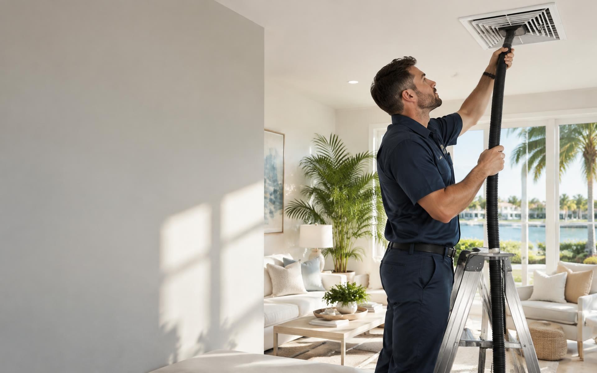Technician on a stepladder cleaning a ceiling supply register in a bright Jupiter living room, palm trees and water through the window behind him