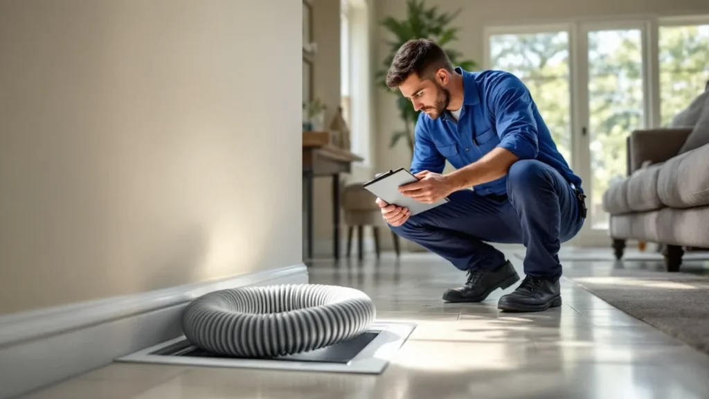HVAC technician inspects ductwork and takes notes during home inspection.