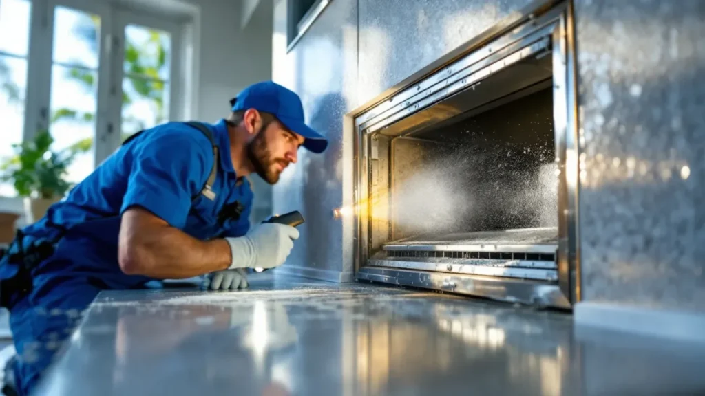 Professional technician cleaning microwave oven interior with spray cleaner and cloth.