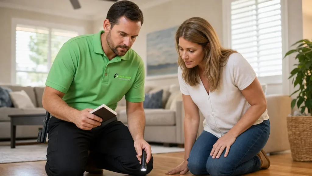 Service professional reviews inspection findings with homeowner in residential living room.