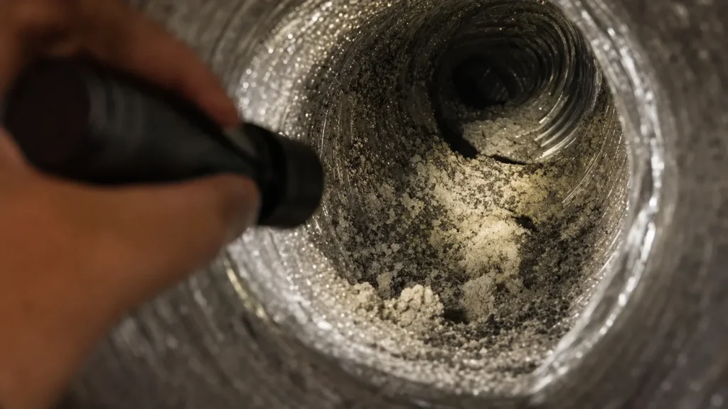 Close-up view of accumulated dust and debris inside a dryer vent tube.