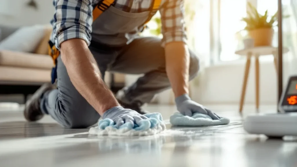 Professional cleaner mopping hardwood floor in bright, modern living room.