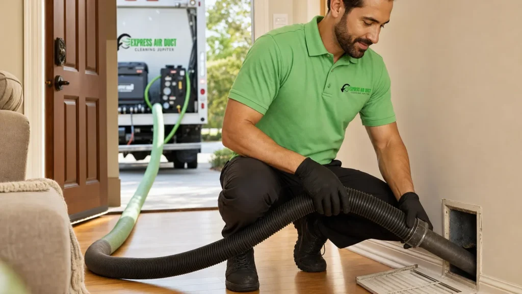 Air duct cleaning technician working inside home with professional equipment and hose.