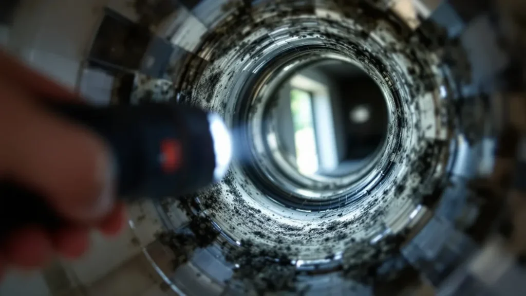 Close-up view inside a dirty metal pipe or duct with light visible through the opening.